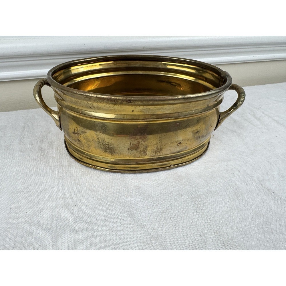 Vintage Solid Brass Oval Planter Bowl with Handles Footed Gold Centerpiece 8.5in